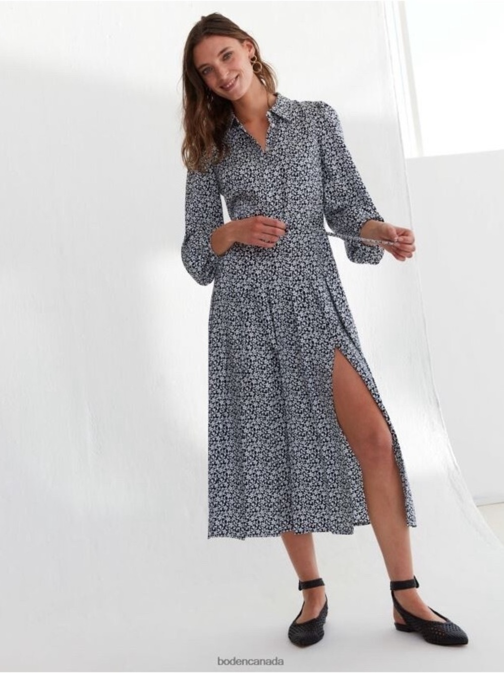 Boden Women's Pleated Skirt Midi Shirt Dress blue/white puff sleeve | size 14